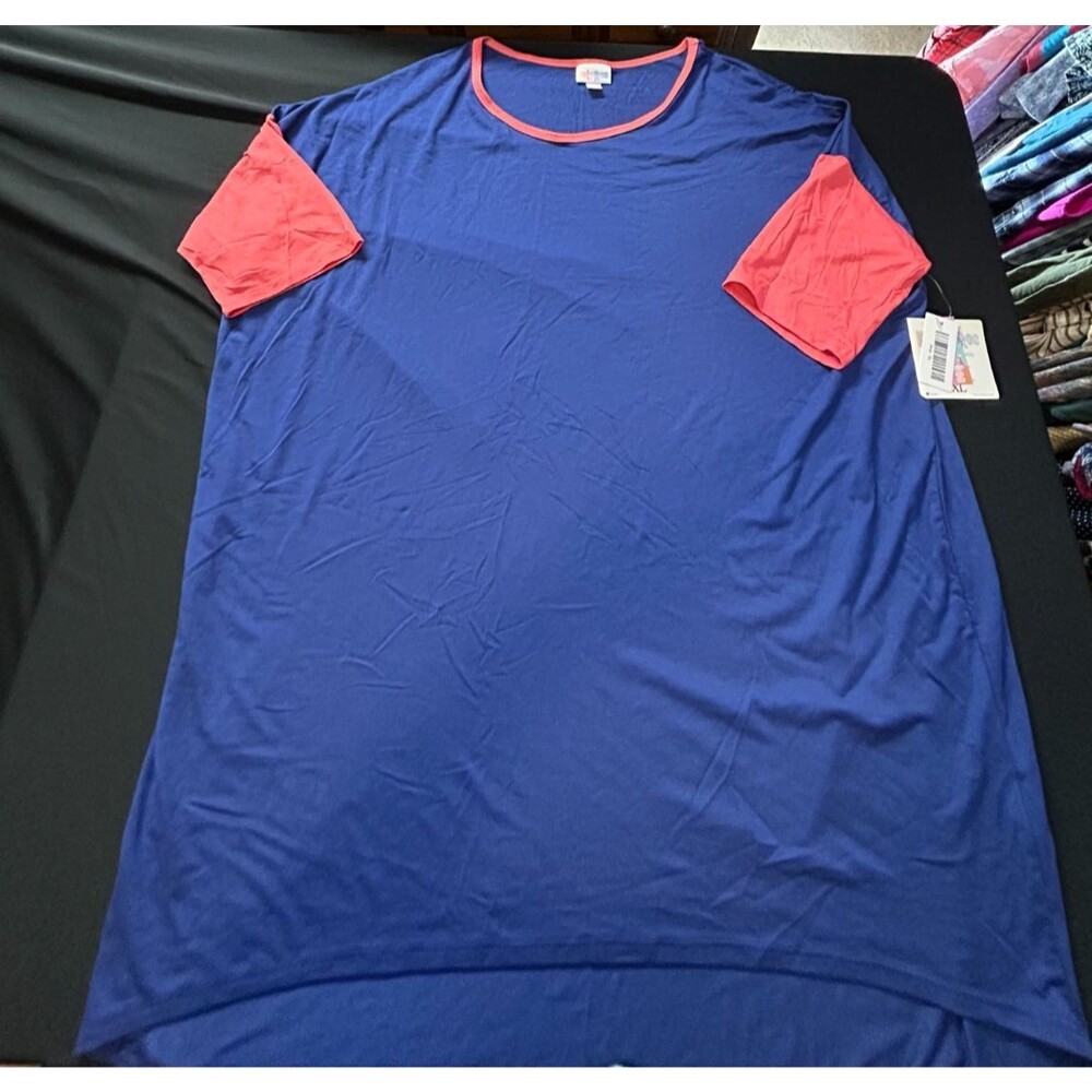 Lularoe XL Irma Tunic Top Solid Blue Pink 3/4 Sleeve Knit Blouse NWT Plus Size